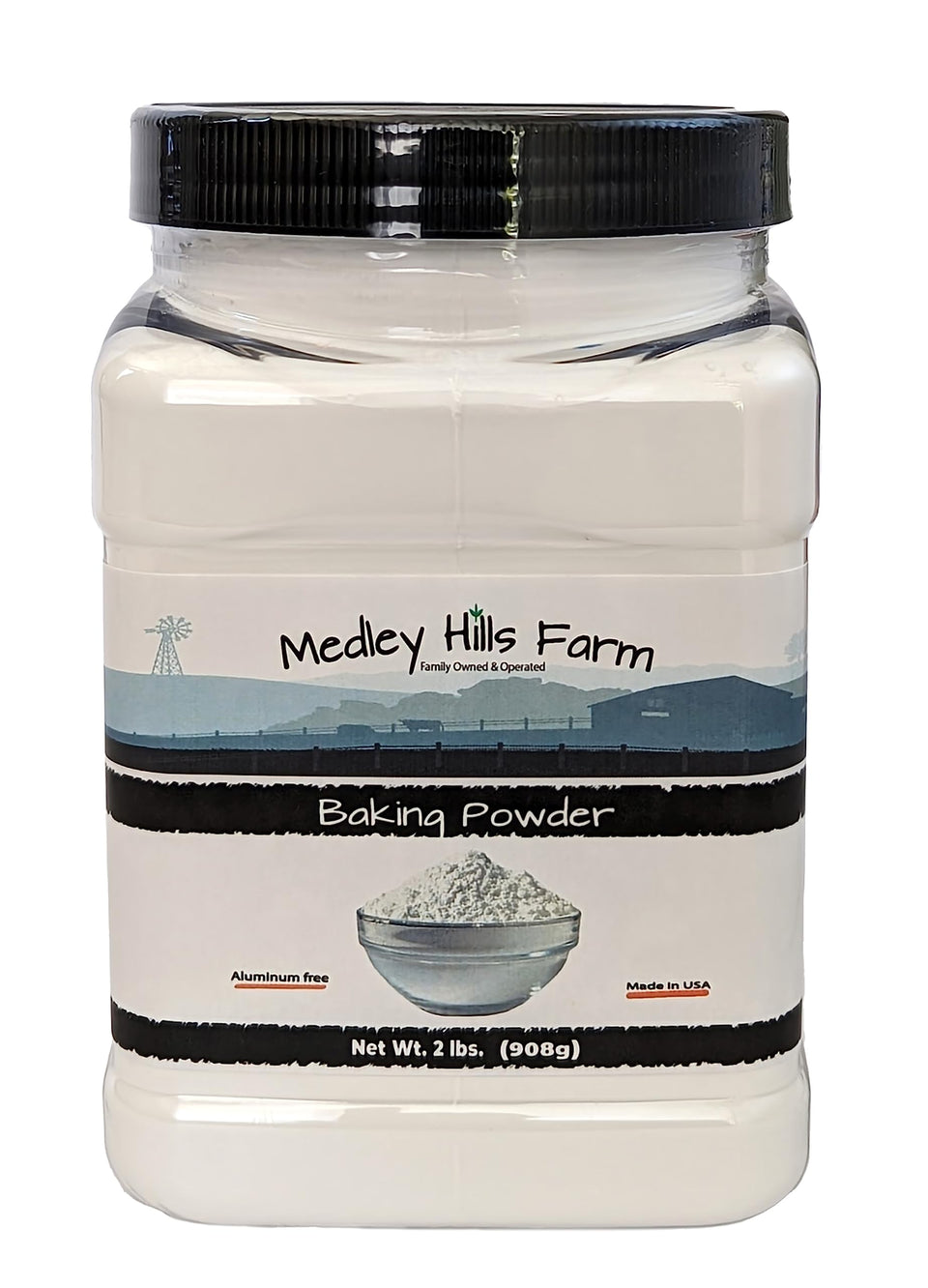Medley Hills Farm baking powder container ready for storage and use