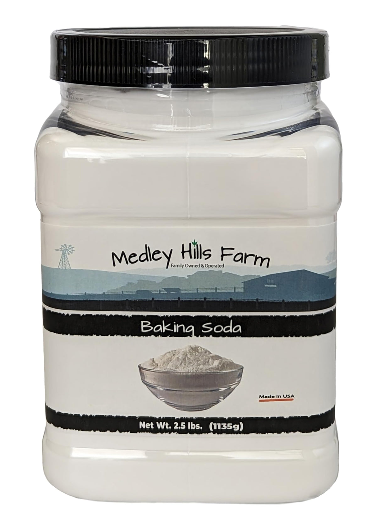 Medley Hills Farm baking soda container for easy storage and reuse.