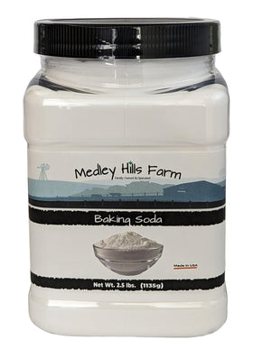 Medley Hills Farm baking soda container for easy storage and reuse.