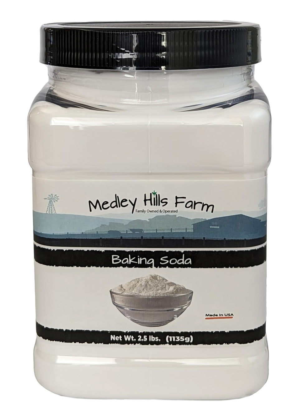 Medley Hills Farm baking soda container for easy storage and reuse.