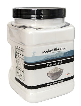 Pour-ready baking soda from Medley Hills Farm for precise recipe measuring.