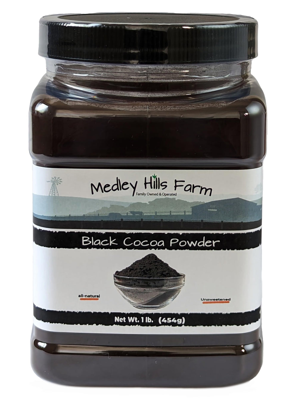 Medley Hills Farm Black Cocoa Powder in a reusable container for easy storage.