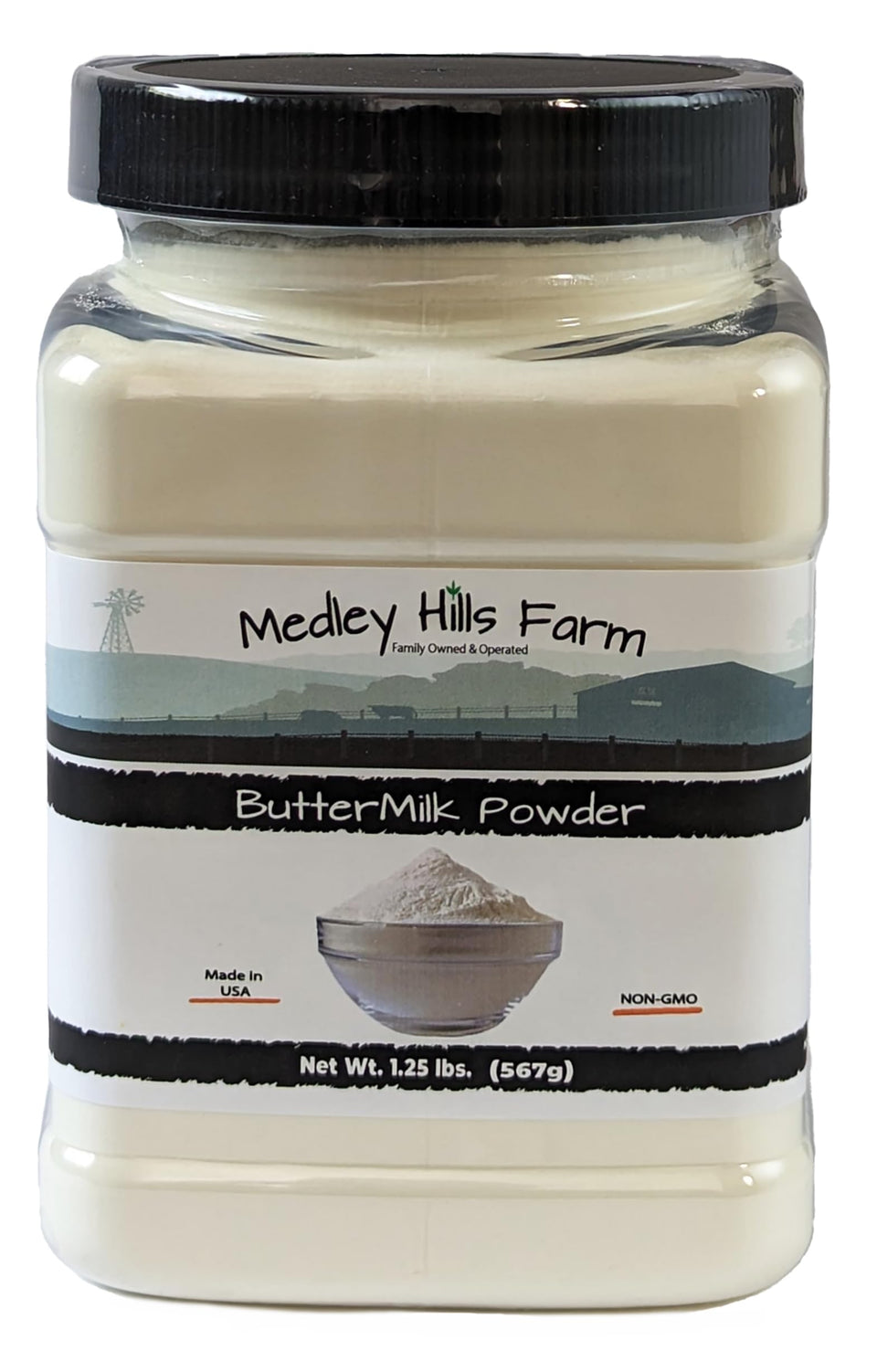 Medley Hills Farm buttermilk powder in a reusable container for easy storage