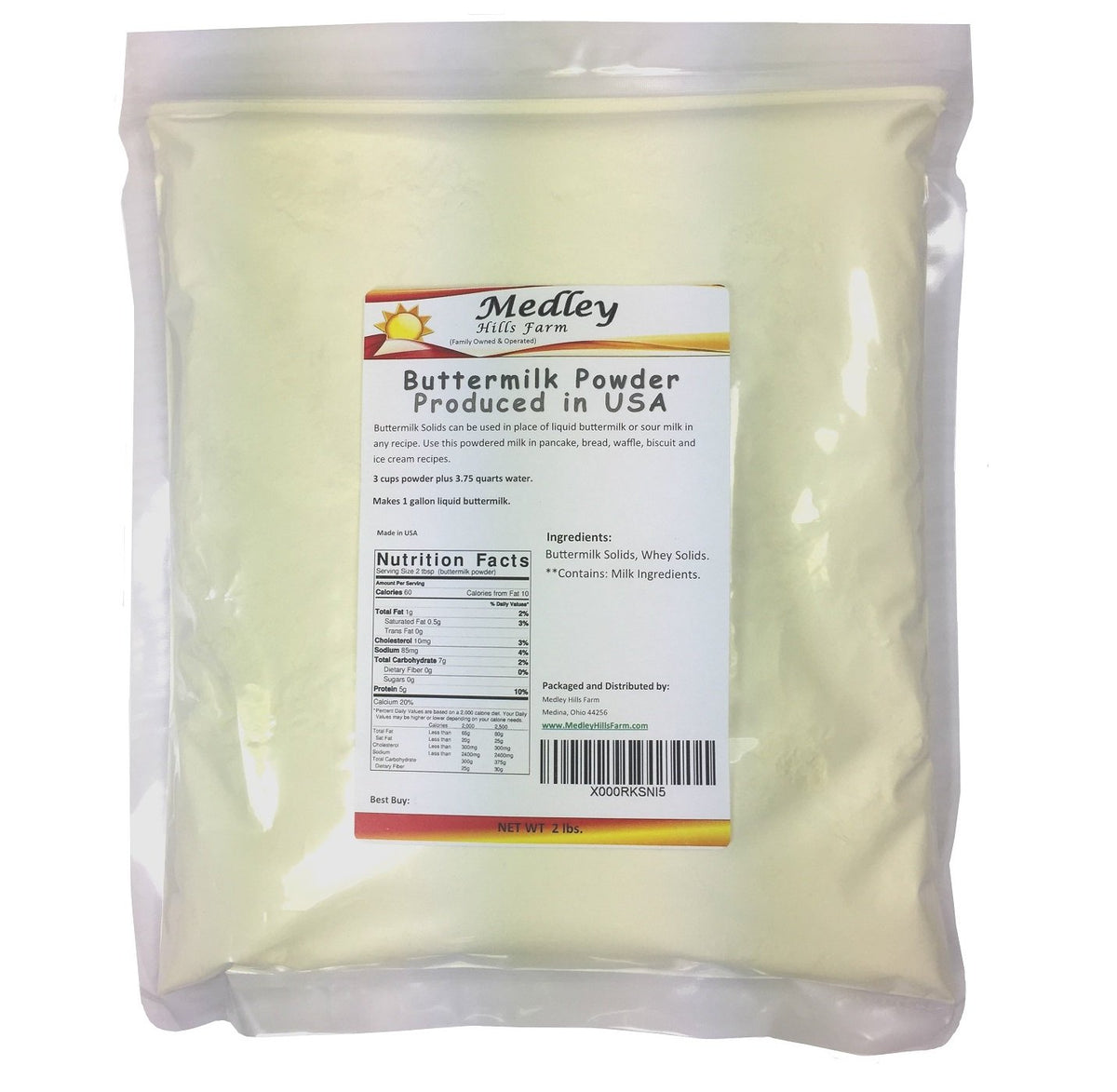 Medley Hills Farm buttermilk powder in sealed bag for freshness and easy storage