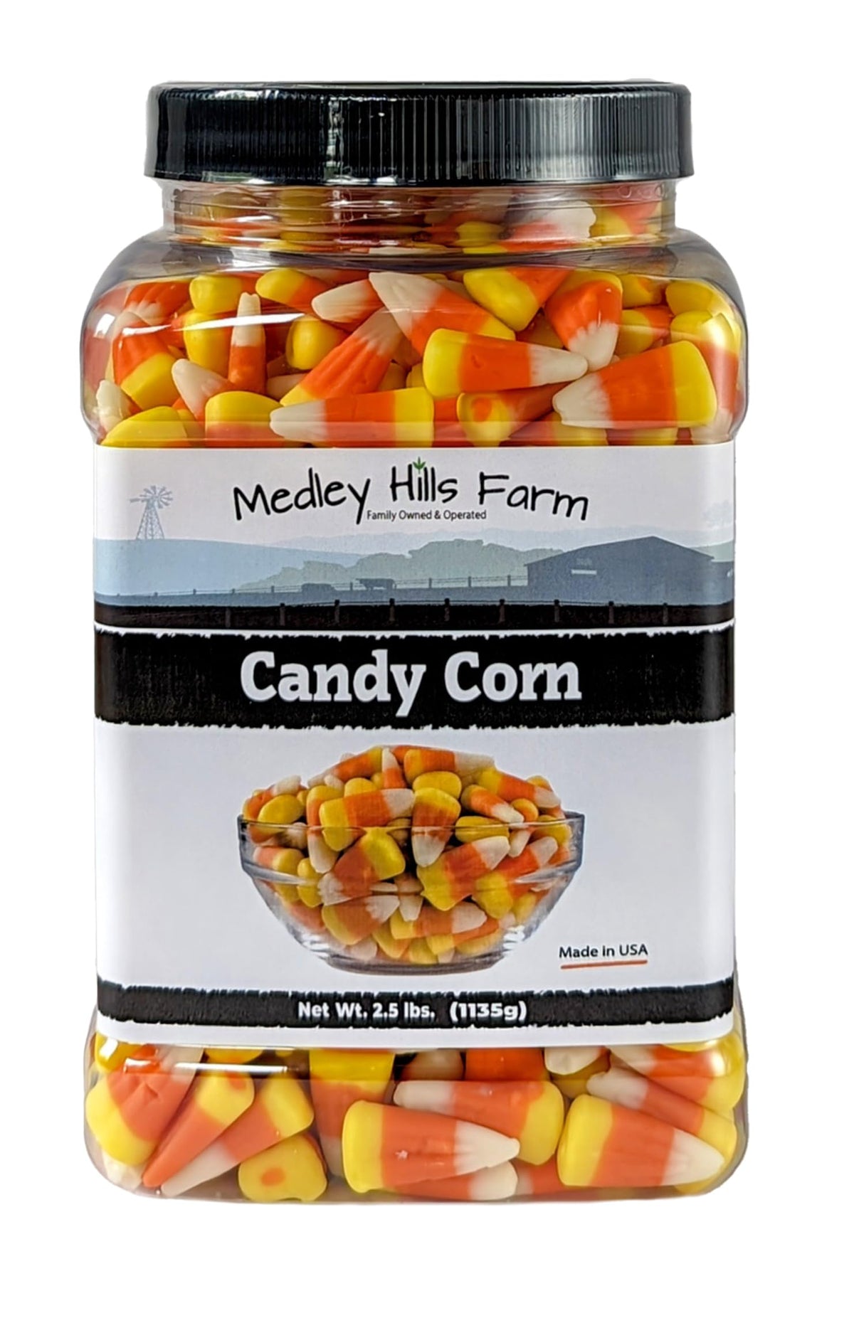 Medley Hills Farm candy corn in a reusable container for easy bulk storage.