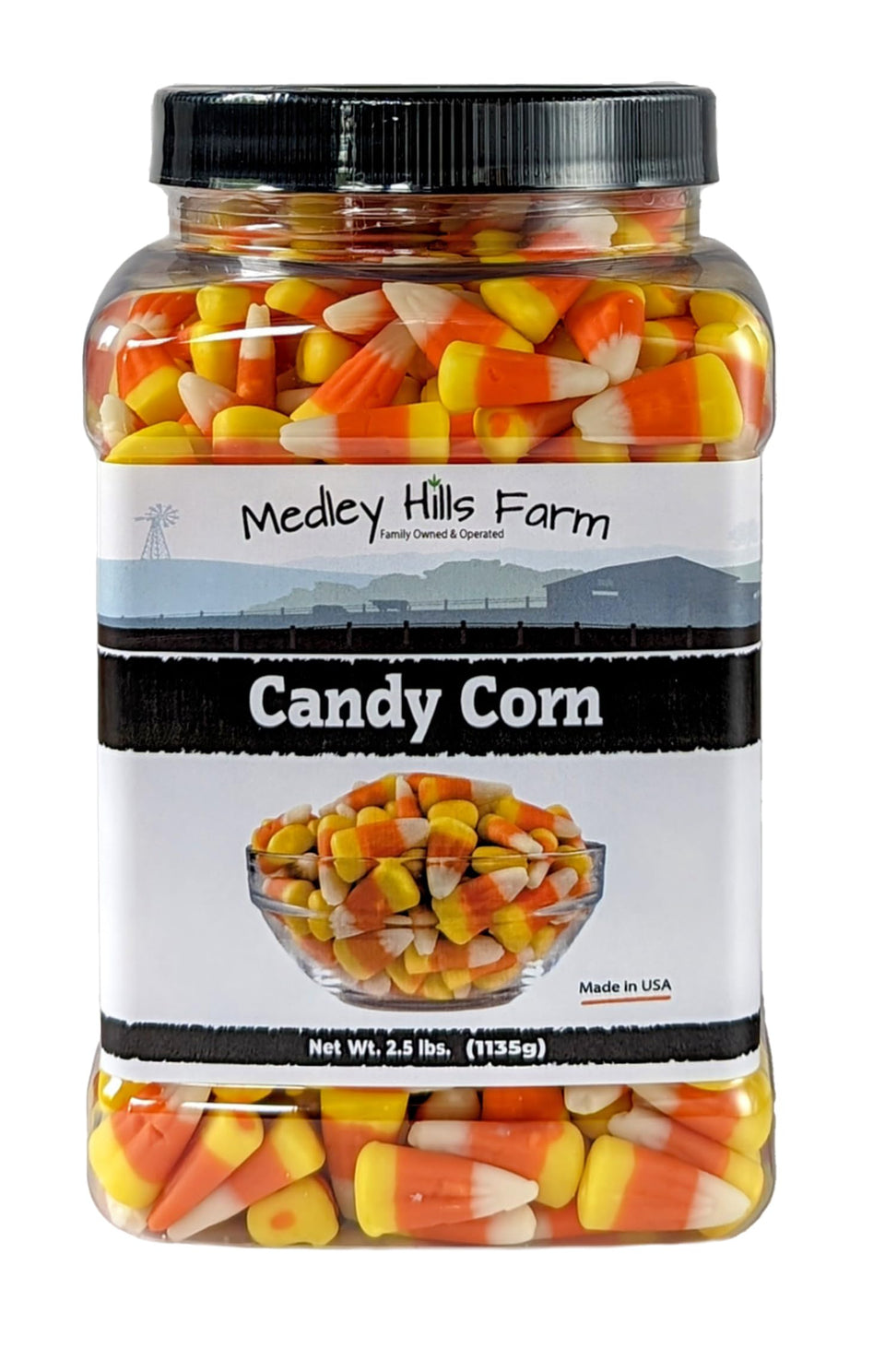 Medley Hills Farm candy corn in a reusable container for easy bulk storage.