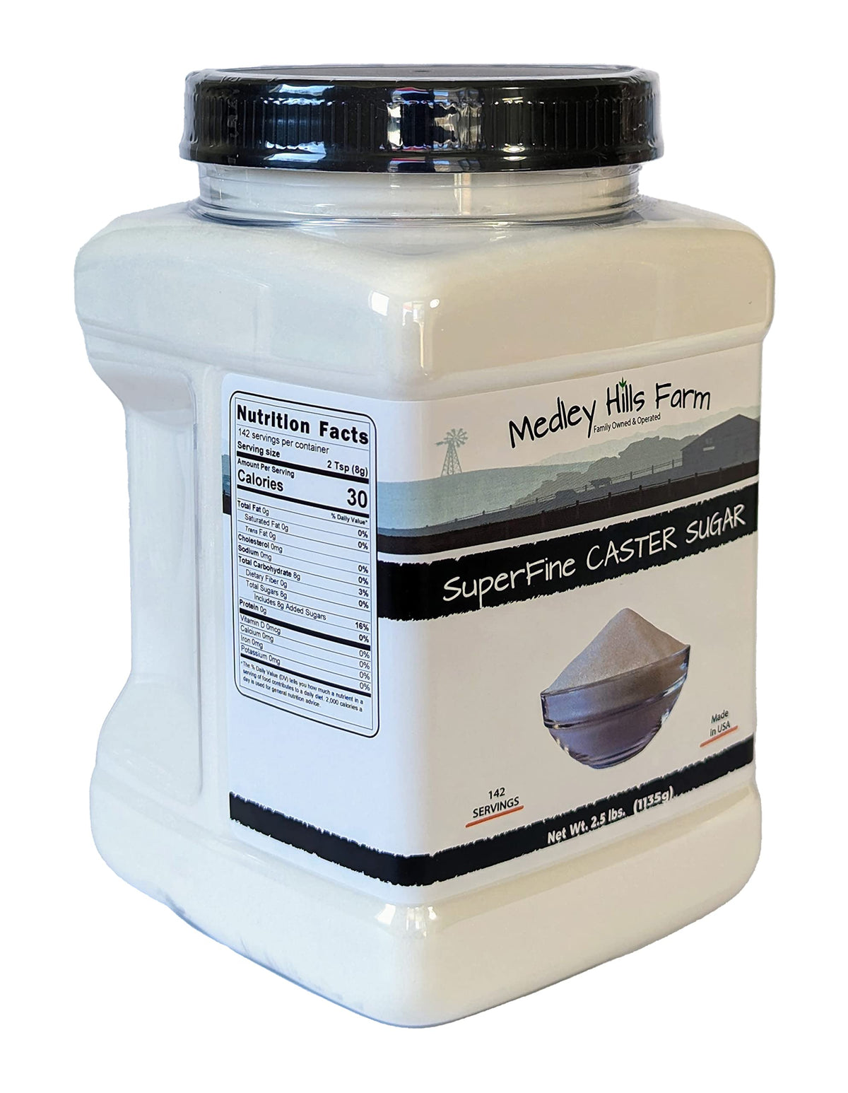 Medley Hills Farm caster sugar 2.5 lb packaging for home baking.
