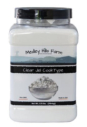 Medley Hills Farm Clear Jel in a 1.75 lb container, ready for pie fillings.
