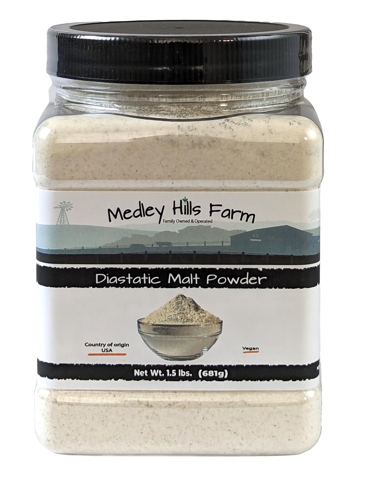 Medley Hills Farm diastatic malt powder container for easy storage.
