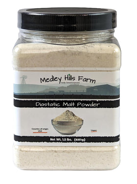 Medley Hills Farm diastatic malt powder container for easy storage.