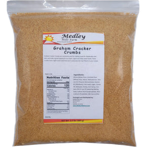 Medley Hills Farm graham crumbs in resealable bag for easy baking.