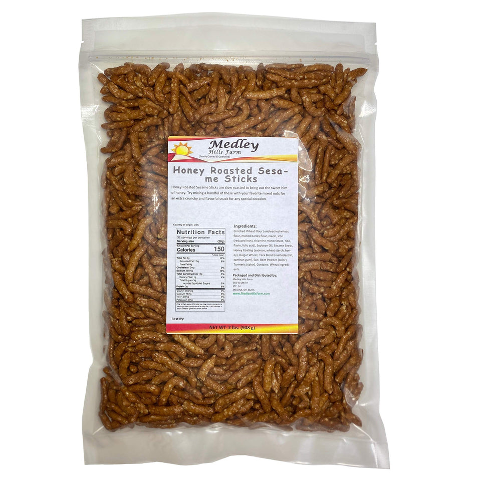Medley Hills Farm Honey Roasted Sesame Sticks packaging highlights freshness and bulk value.