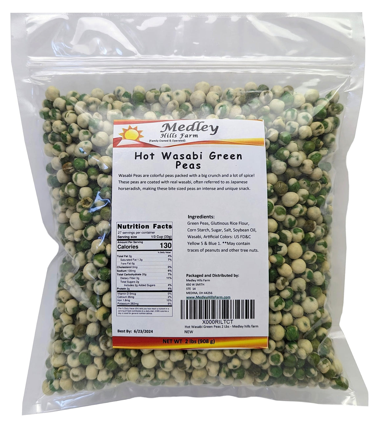 Medley Hills Farm hot wasabi green peas in bag for bold snacking.