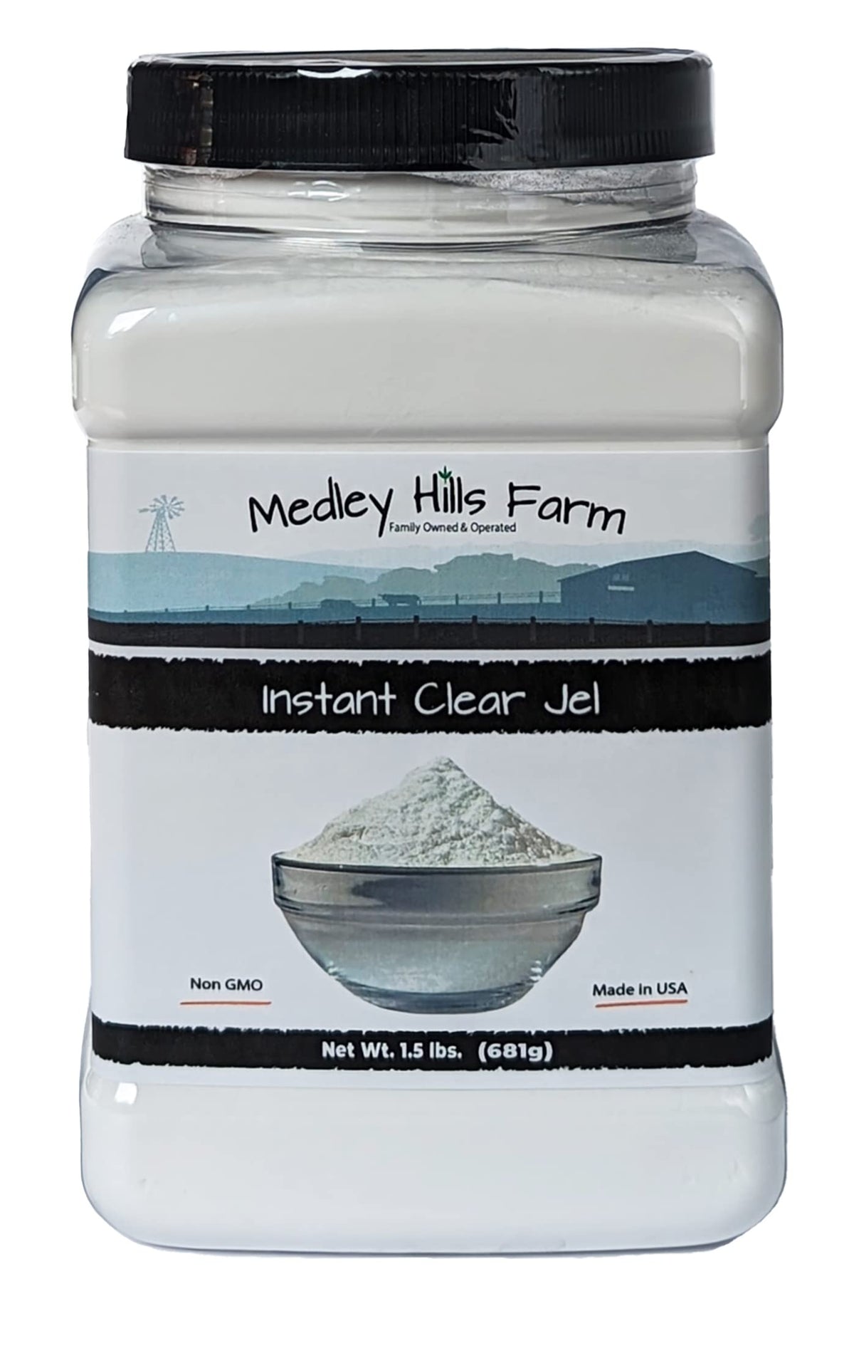 Medley Hills Farm Instant Clear Jel container highlights reusable packaging for easy storage