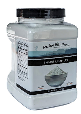 Medley Hills Farm Instant Clear Jel powder close-up ready to thicken liquids instantly