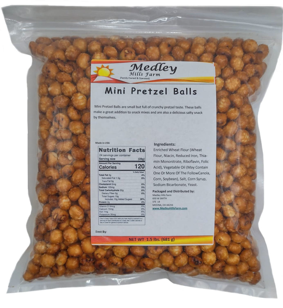Medley Hills Farm Mini Pretzel Balls in resealable bag, ultra-crunchy.