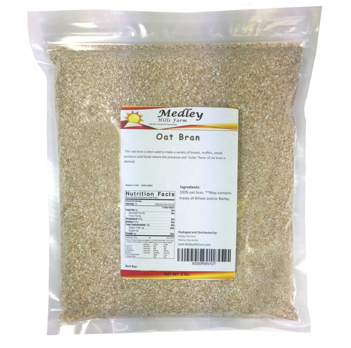 Medley Hills Farm oat bran packaging, high-fiber ingredient for baking and breakfast