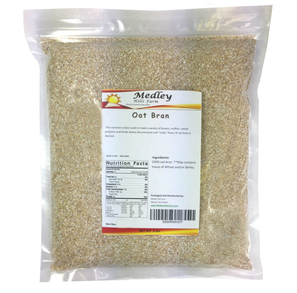 Medley Hills Farm oat bran packaging, high-fiber ingredient for baking and breakfast
