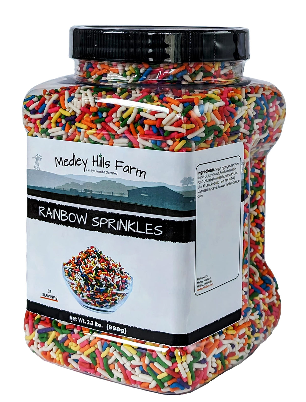 Medley Hills Farm rainbow sprinkles close-up highlight crunchy texture on ice cream.