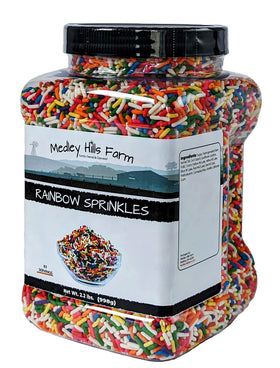 Medley Hills Farm rainbow sprinkles close-up highlight crunchy texture on ice cream.
