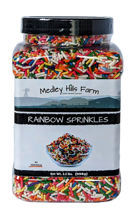 Medley Hills Farm rainbow sprinkles for cake decorating add vibrant color to desserts.