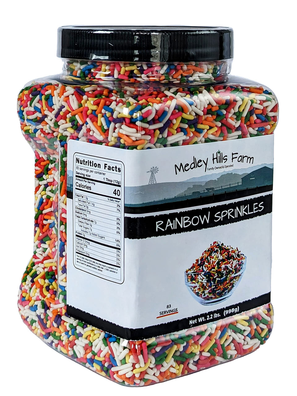 Medley Hills Farm rainbow sprinkles in a reusable container for easy storage.