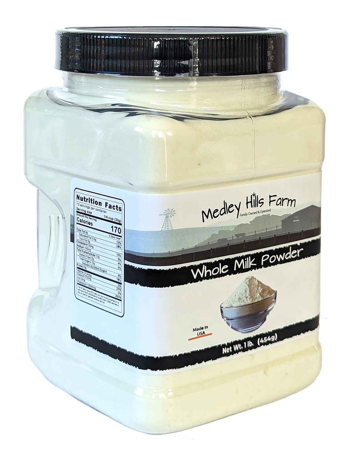 Reusable container close-up showing Medley Hills Farm milk powder storage.