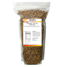 Medley Hills Farm sesame sticks narrow bag close-up shows fresh, crisp texture for snacking.