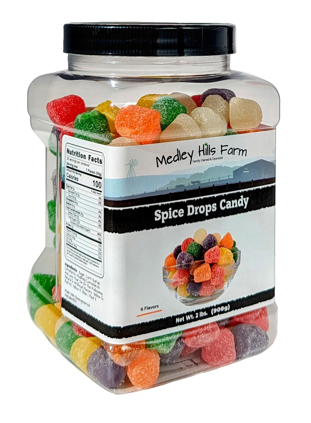 Medley Hills Farm Spice Drops jar closeup highlighting chewy texture ideal for snacking