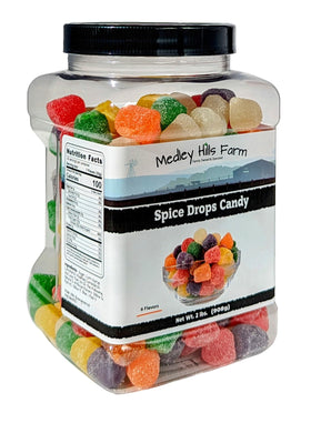 Medley Hills Farm Spice Drops jar closeup highlighting chewy texture ideal for snacking