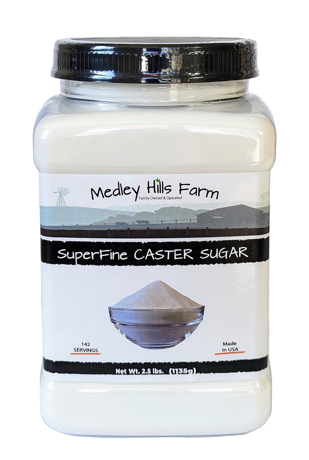 Medley Hills Farm superfine caster sugar container for easy storage and quick use.