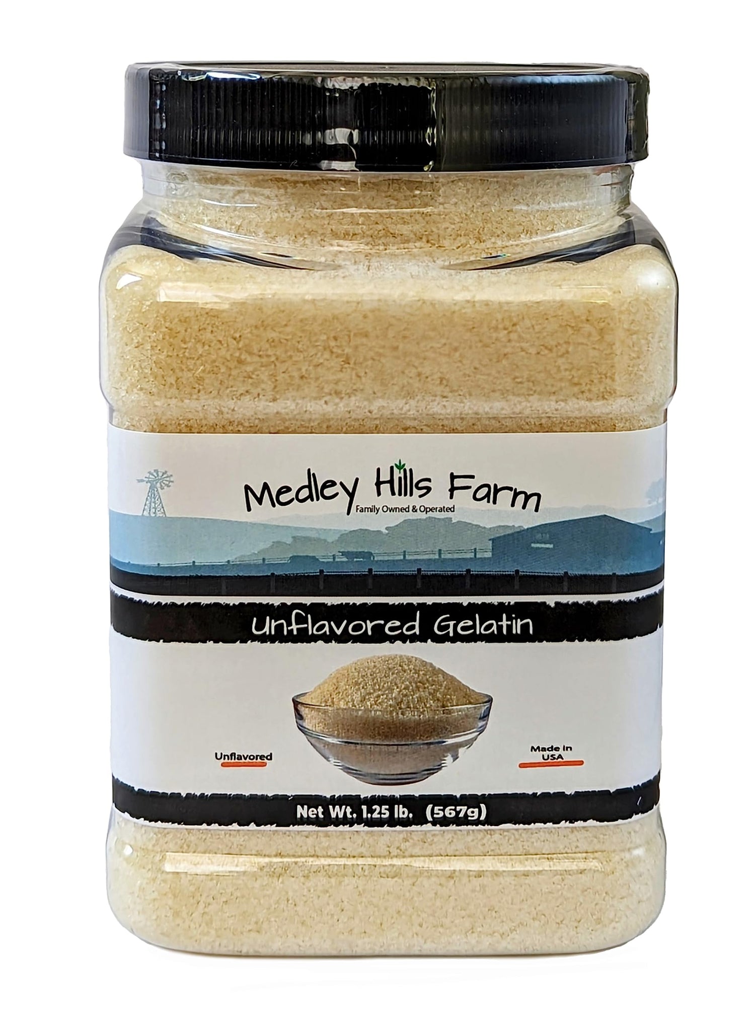 Medley Hills Farm unflavored gelatin in a reusable container for easy storage and versatile use