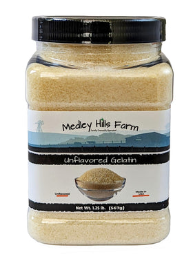Medley Hills Farm unflavored gelatin in a reusable container for easy storage and versatile use
