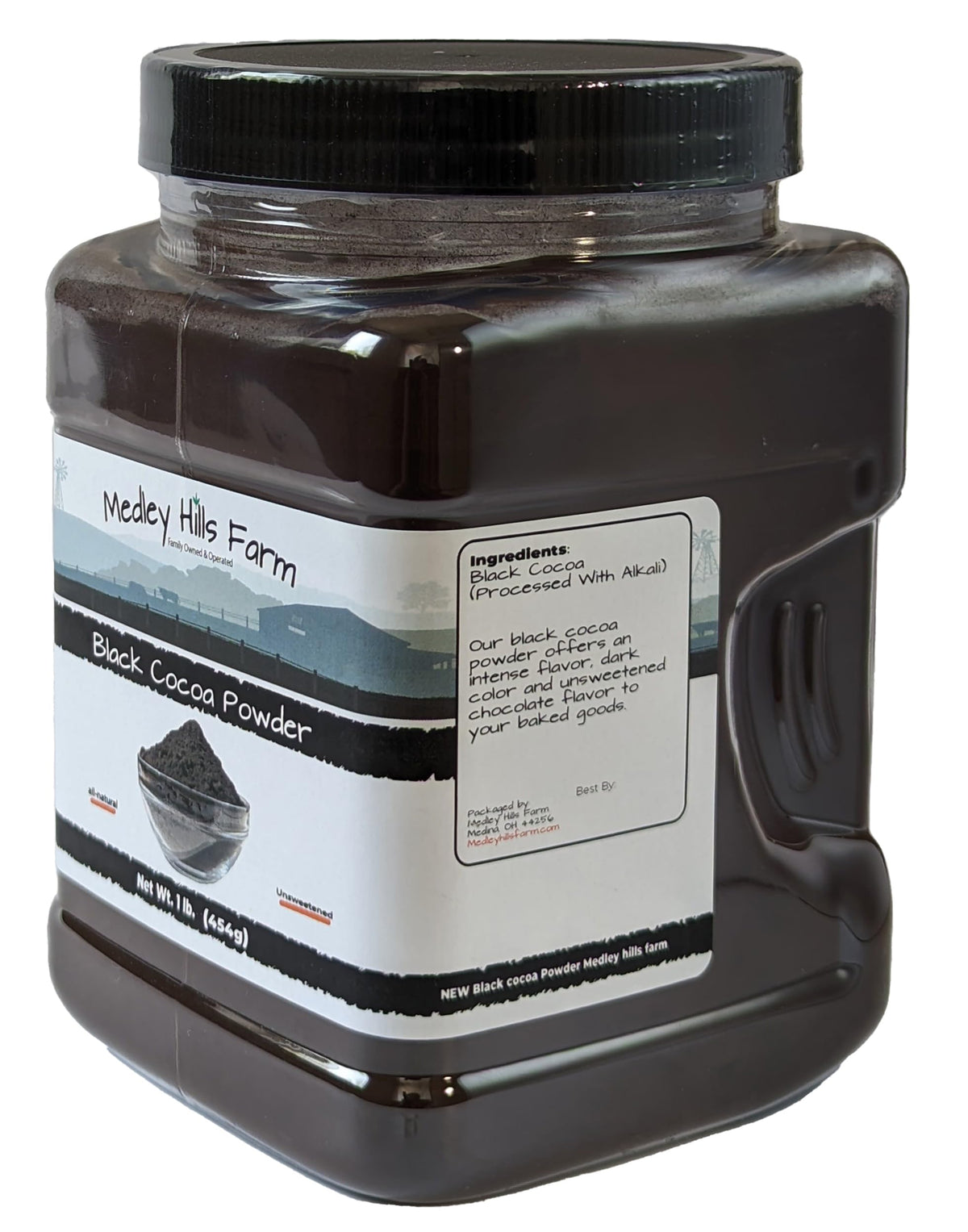 Medley Hills Farm Unsweetened black cocoa powder for rich baking flavor.