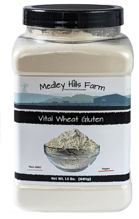 Medley Hills Farm Vital Wheat Gluten container for easy storage and quick recipe access.