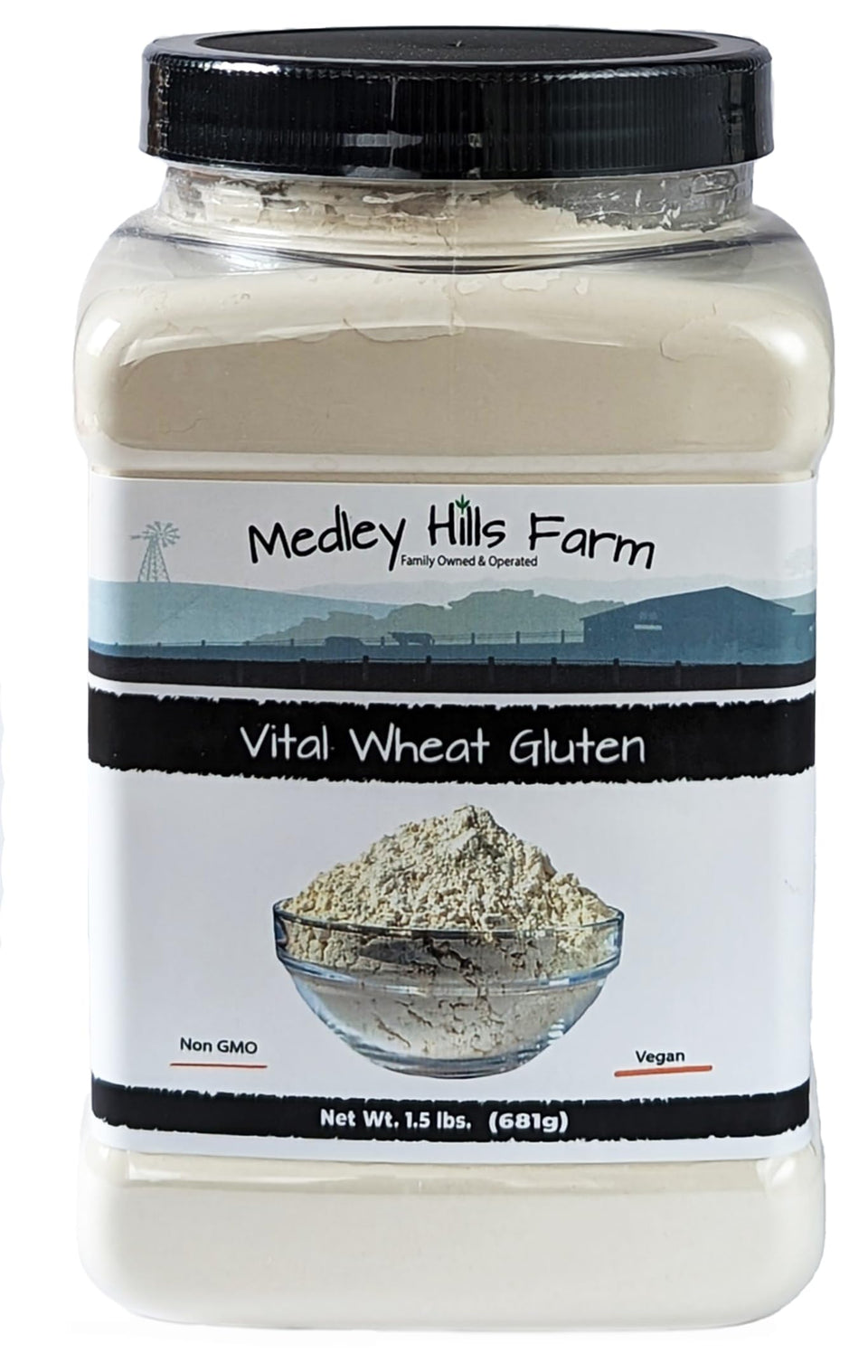 Medley Hills Farm Vital Wheat Gluten container for easy storage and quick recipe access.