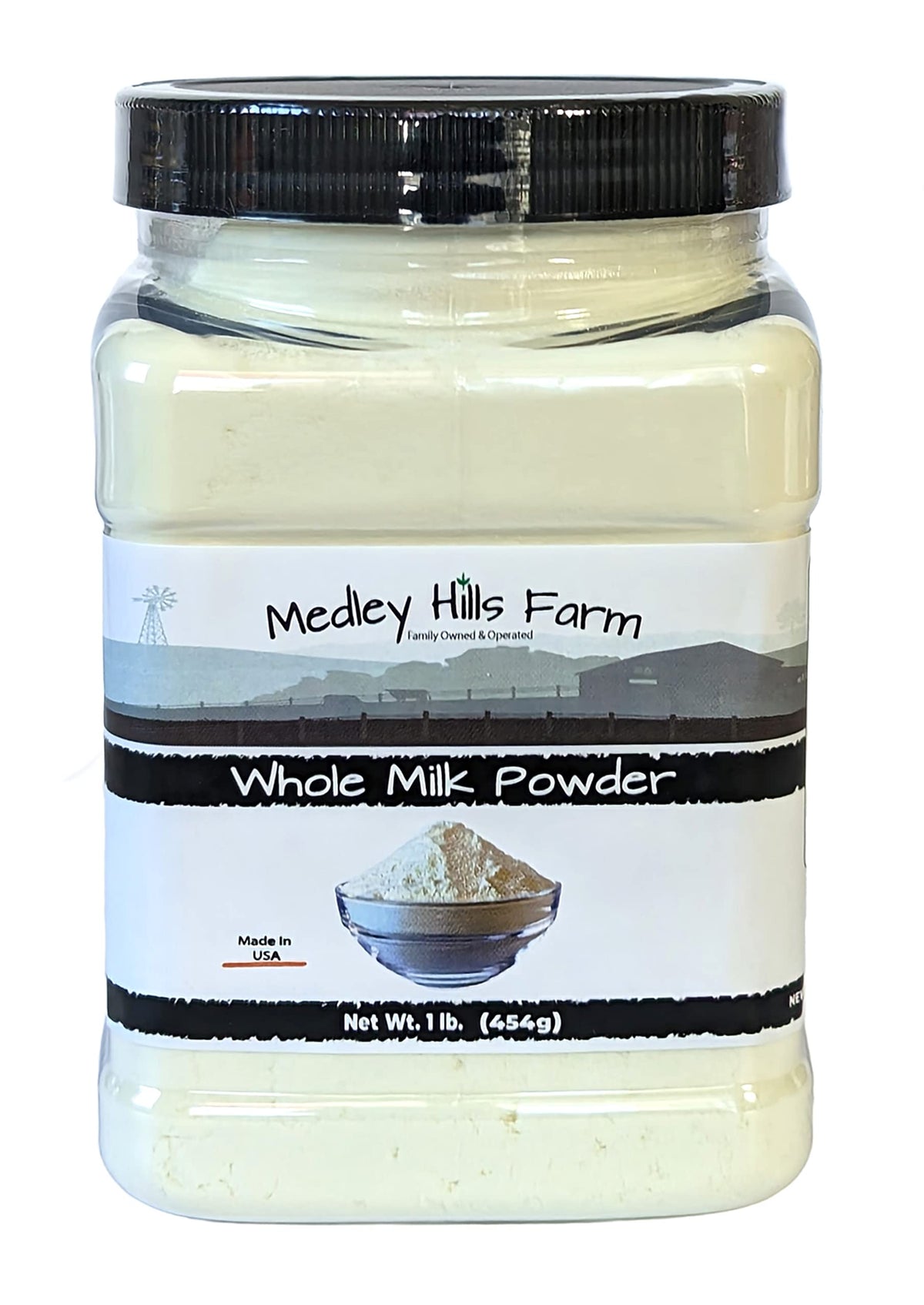 Medley Hills Farm whole milk powder in a reusable container for easy storage.