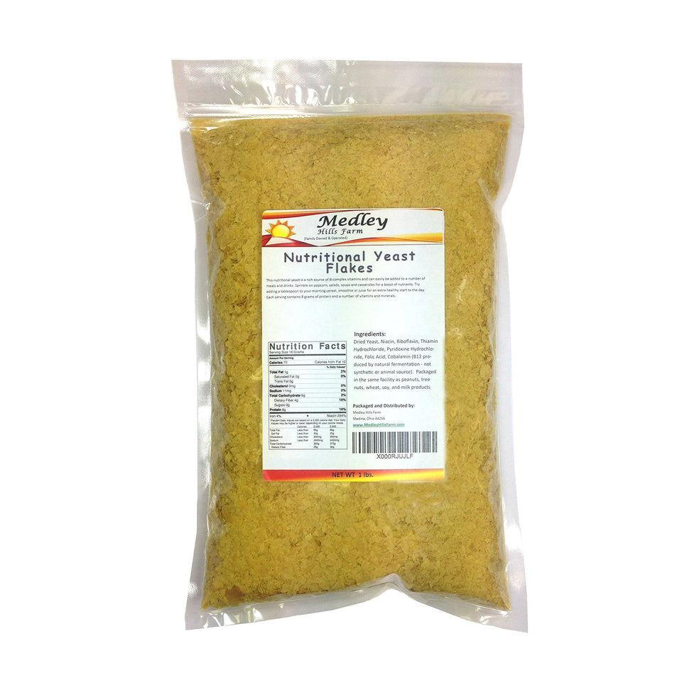 Medley Hills Farm Nutritional Yeast Flakes in a resealable bag for easy storage.