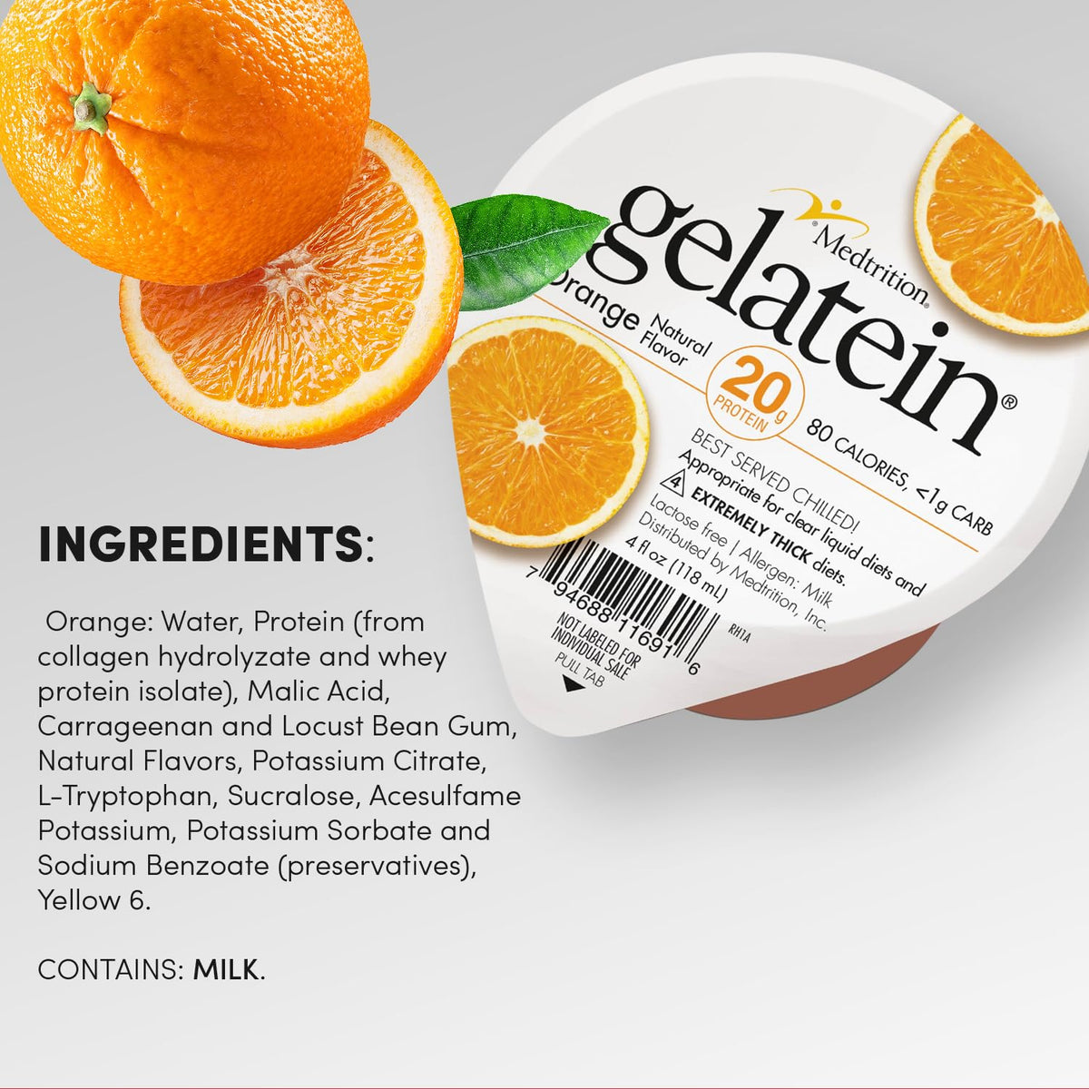 Medtrition Gelatein Orange 12-pack label shows convenient protein for healthcare meals.