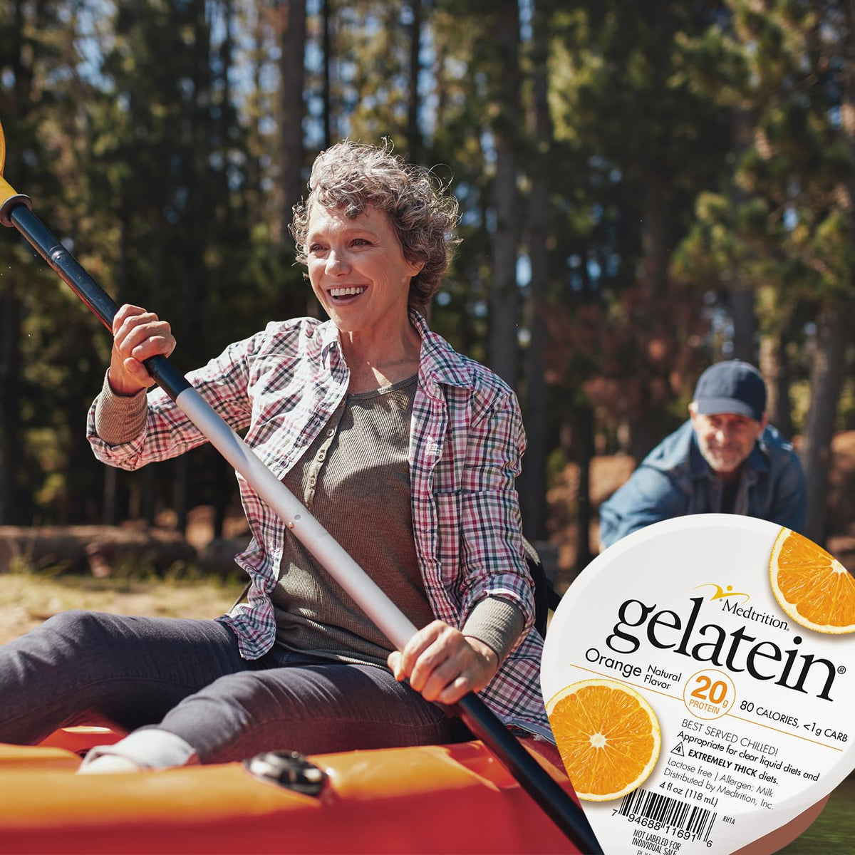 Medtrition Gelatein Orange beside gym bottle for a protein-forward snack.