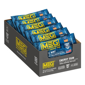 MEG Arctic Mint gum piece close-up showing fast caffeine delivery for workouts.
