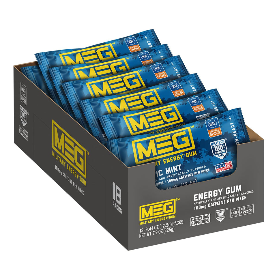 MEG Arctic Mint gum piece close-up showing fast caffeine delivery for workouts.