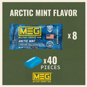 MEG Arctic Mint gum piece ready to boost energy and focus.