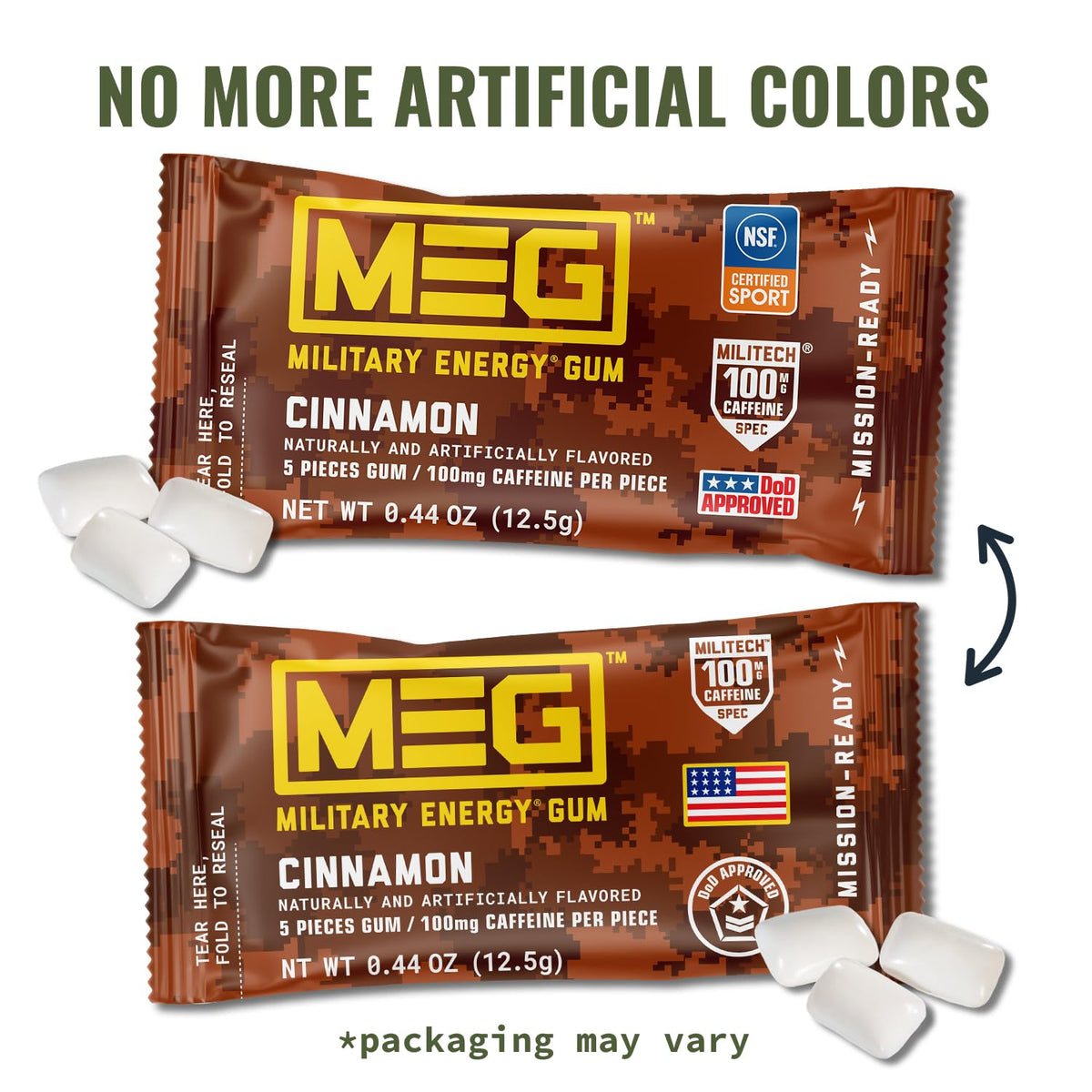 MEG Cinnamon energy gum open pack highlighting 18-piece supply