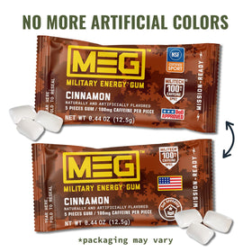 MEG Cinnamon energy gum open pack highlighting 18-piece supply