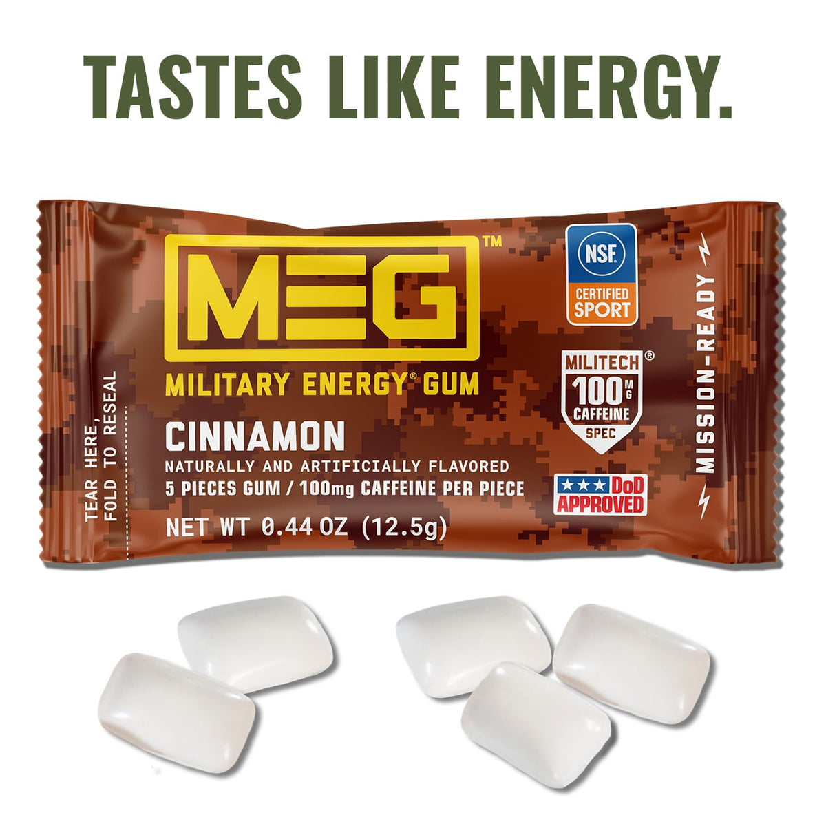 Close-up of a MEG Cinnamon gum piece showing quick caffeine delivery