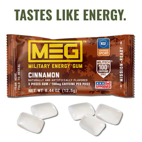 Close-up of a MEG Cinnamon gum piece showing quick caffeine delivery