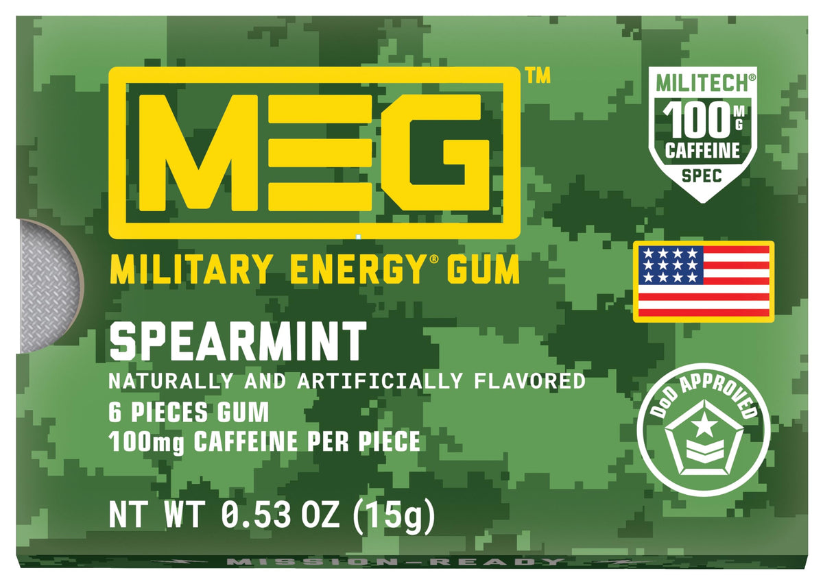 MEG energy gum 100 mg caffeine pieces close-up for a fast boost.