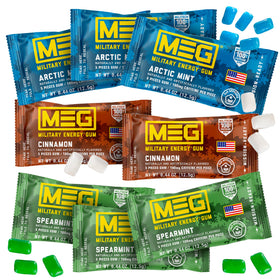 MEG Military Energy Gum front packaging showing quick caffeine delivery on the go.