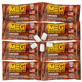 MEG military energy gum packaging in cinnamon flavor for fast energy.